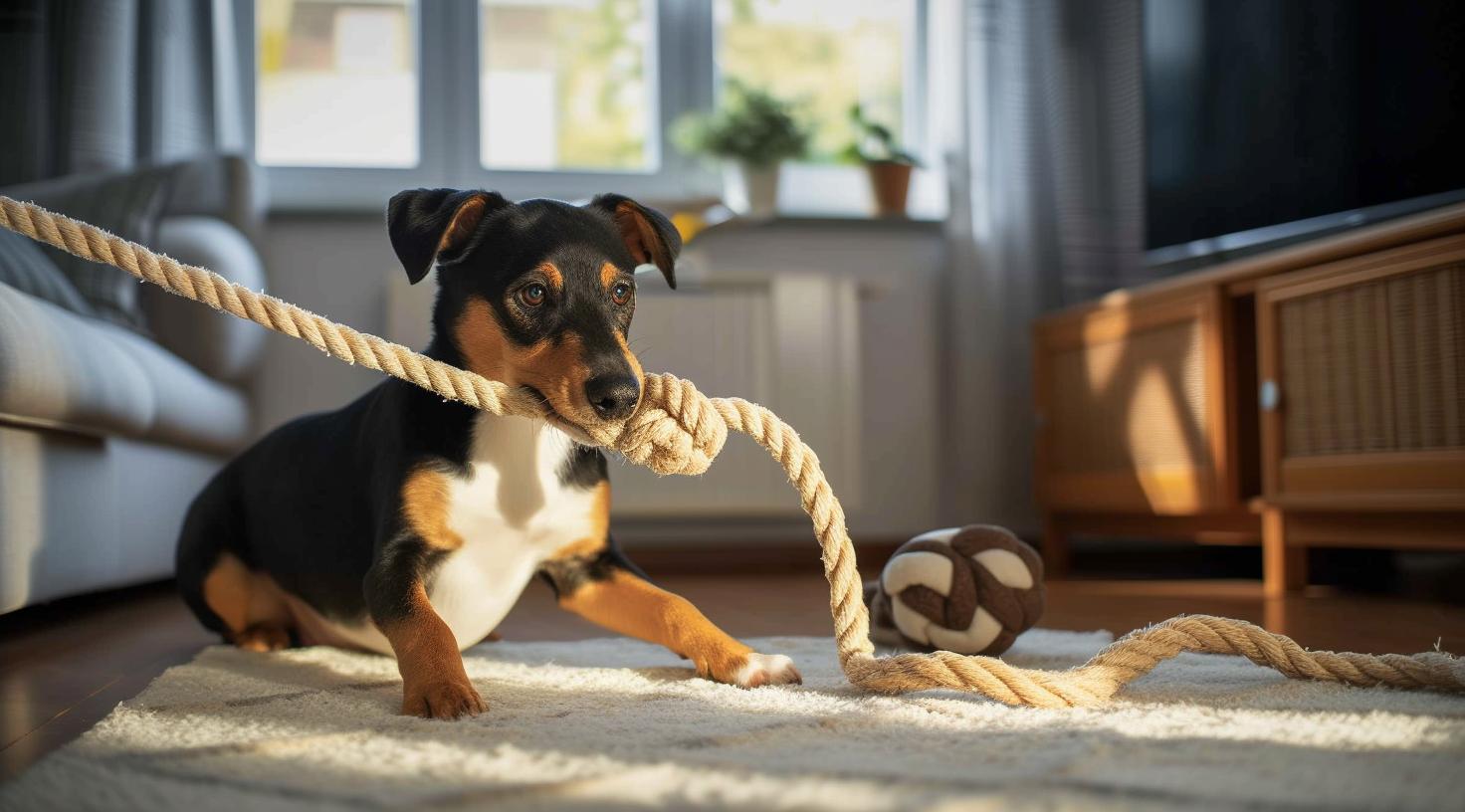 Hund mit Spieltau in der Schnauze spielt im Zimmer