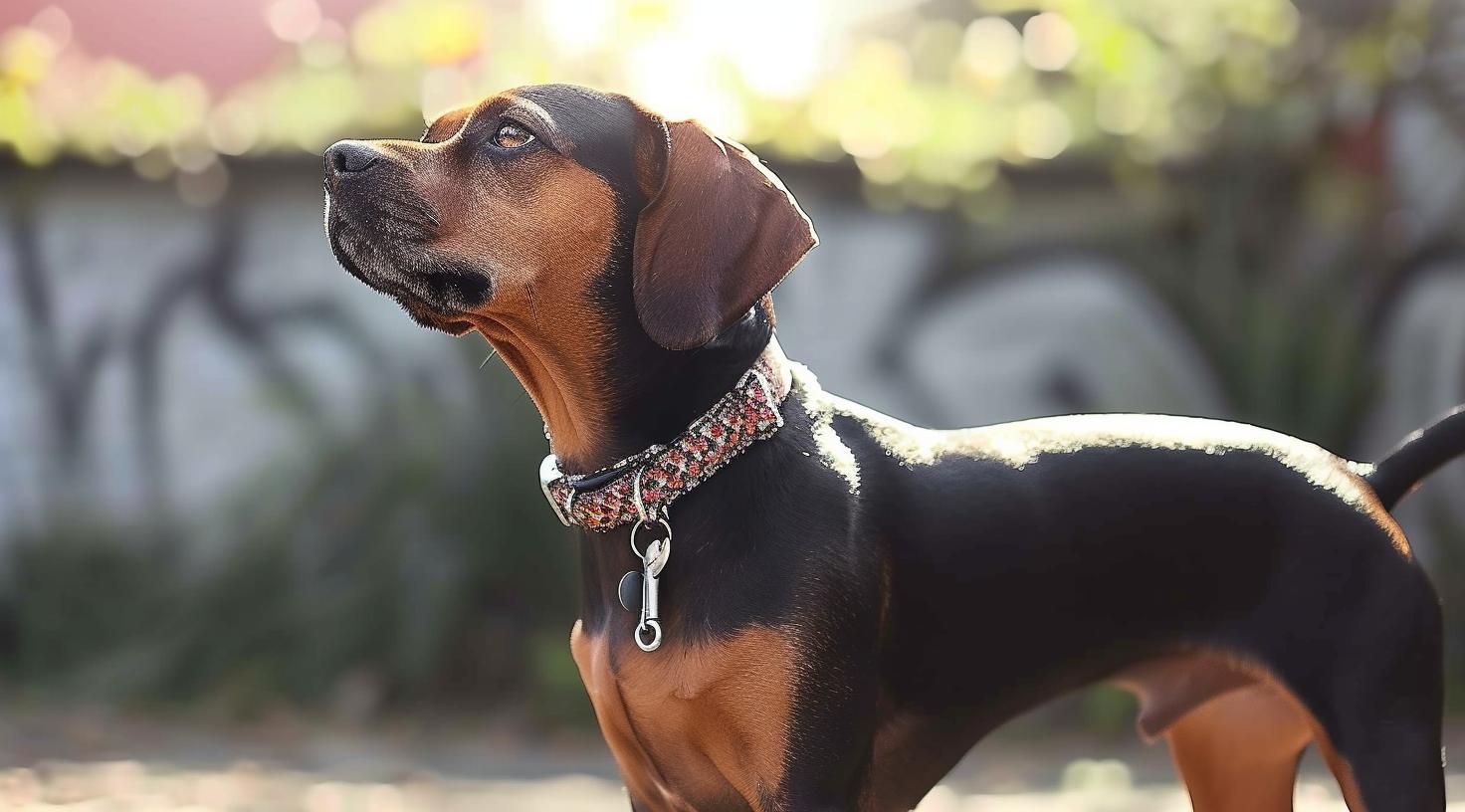 Hund mit Halsband steht seitlich und blickt nach oben