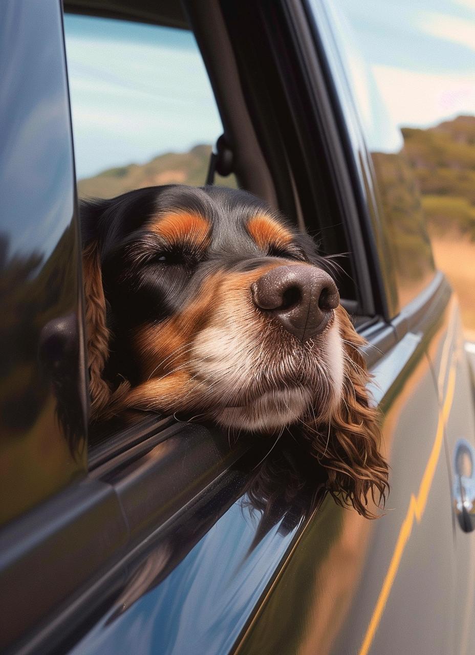 Hund lehnt Kopf an Autofenster während Reiseabenteuer