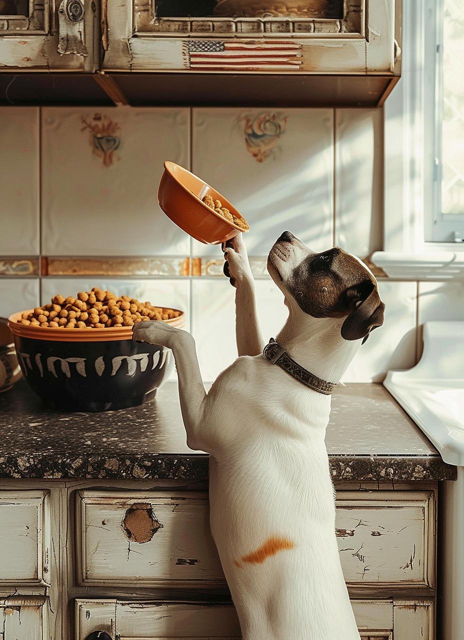 Hund macht Männchen und balanciert Futter-Schüssel auf Pfote