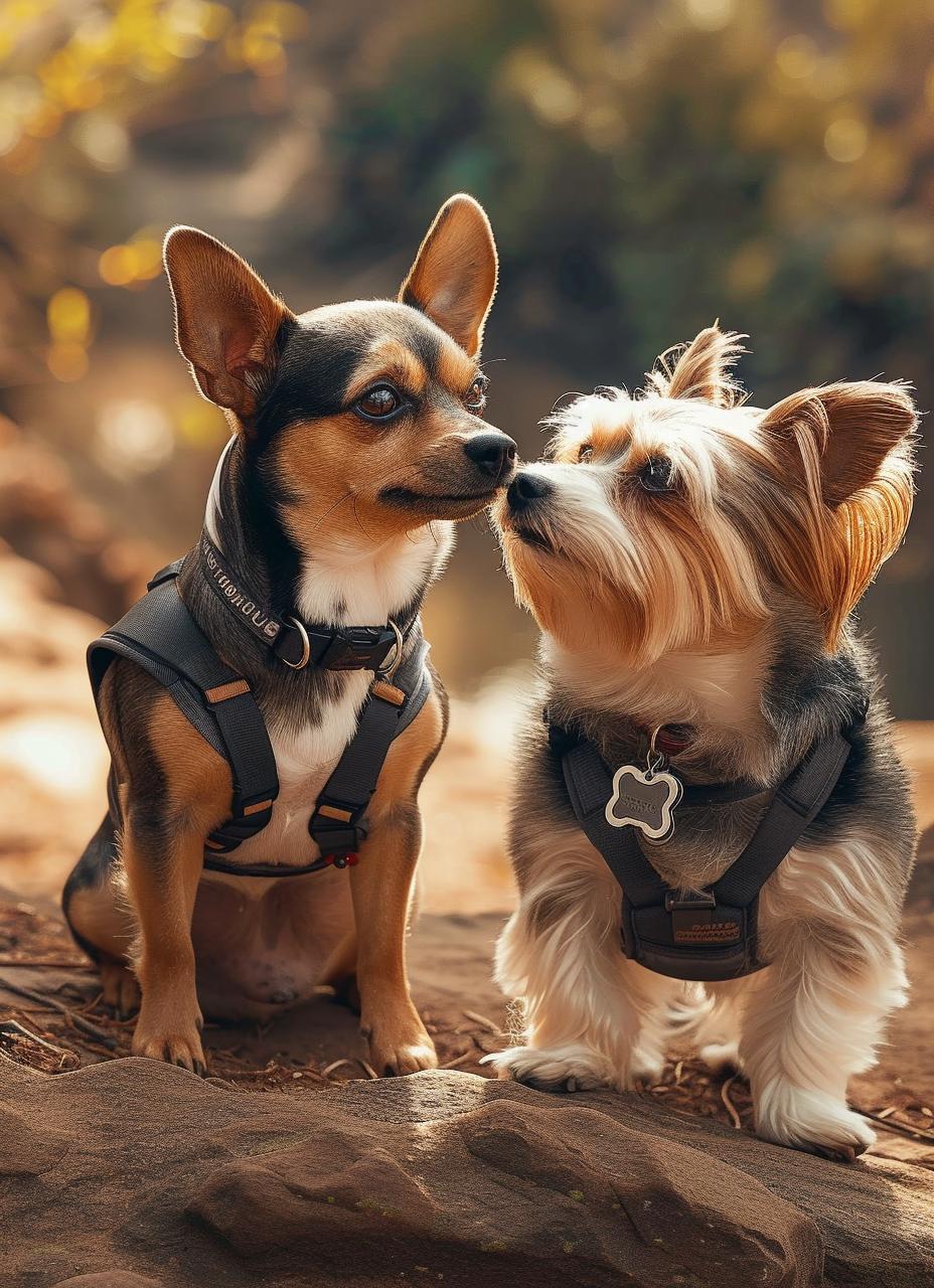 Zwei kleine Hunde mit Sicherheitsgeschirr