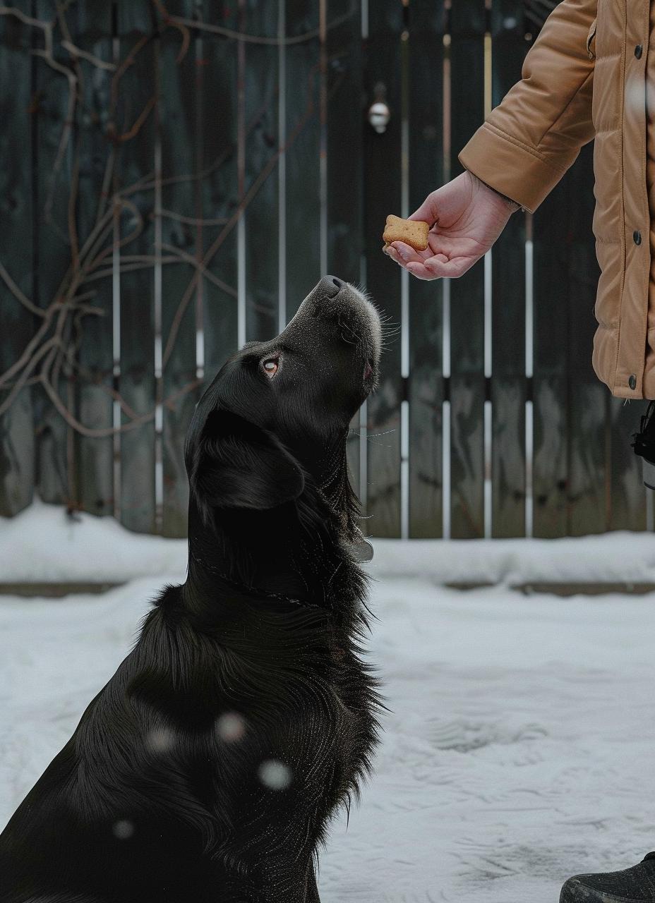 Hundetraining und Belohnung - Sitzender Hund mit Leckerli